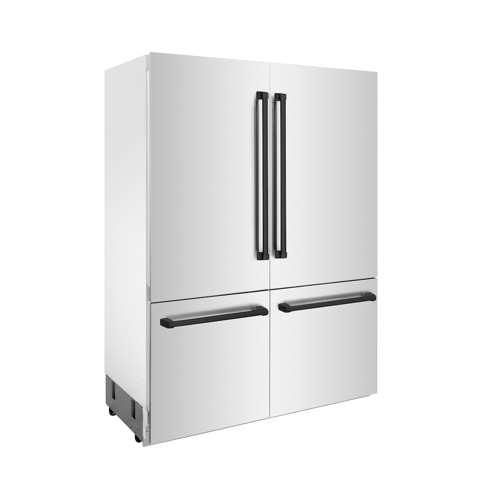 ZLINE Autograph Edition 60 in. 32.2 cu. ft. French Door Built-In Bottom Freezer Refrigerator with Water Dispenser and Ice Maker in Stainless Steel with Matte Black Accents (RBIVZ-304-60-MB) side, closed.