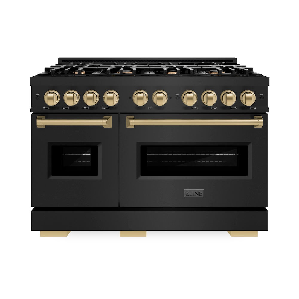 ZLINE Autograph Edition 48 in. 6.7 cu. ft. Classic Double Oven Dual Fuel Range with 8 Burner Gas Cooktop in Black Stainless Steel and Champagne Bronze Accents, Open Box-Great Condition