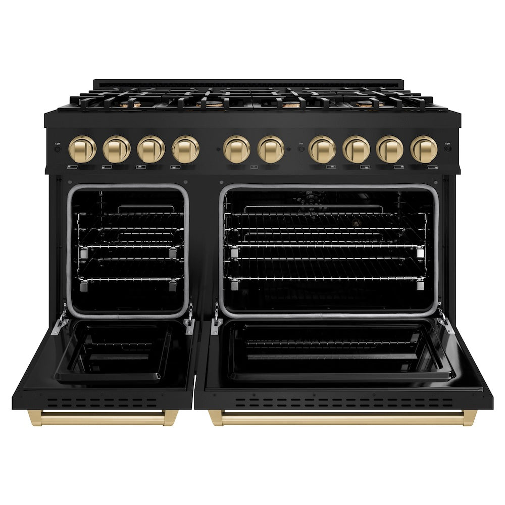 ZLINE Autograph Edition 48 in. 6.7 cu. ft. Classic Double Oven Dual Fuel Range with 8 Burner Gas Cooktop in Black Stainless Steel and Champagne Bronze Accents, Open Box-Good Condition