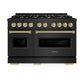 ZLINE Autograph Edition 48 in. 6.7 cu. ft. Classic Double Oven Dual Fuel Range with 8 Burner Gas Cooktop in Black Stainless Steel and Champagne Bronze Accents (CDRBZ-48-CB) front, oven closed.
