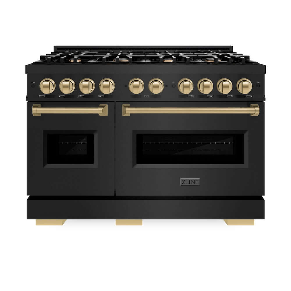 ZLINE Autograph Edition 48 in. 6.7 cu. ft. Classic Double Oven Dual Fuel Range with 8 Burner Gas Cooktop in Black Stainless Steel and Champagne Bronze Accents (CDRBZ-48-CB) front, oven closed.