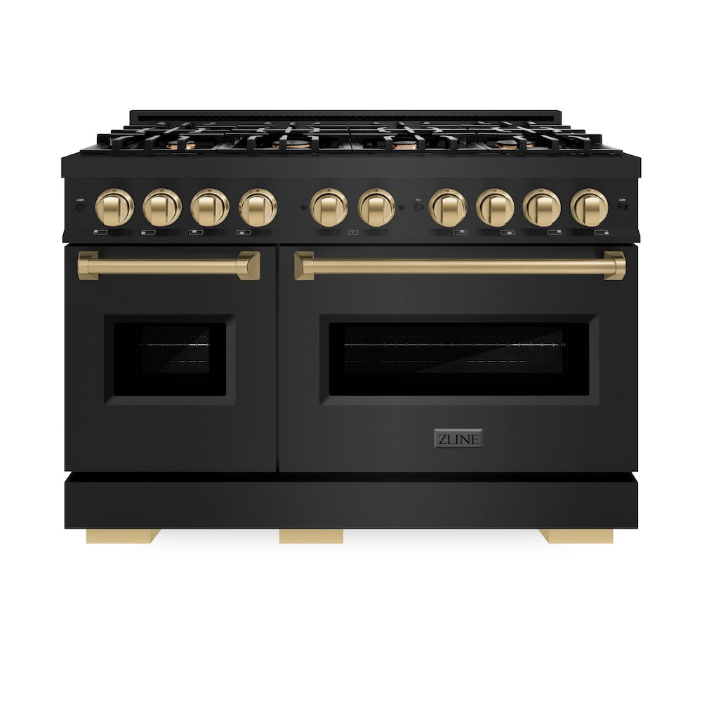 ZLINE Autograph Edition 48 in. 6.7 cu. ft. Classic Double Oven Dual Fuel Range with 8 Burner Gas Cooktop in Black Stainless Steel and Champagne Bronze Accents, Open Box-Good Condition