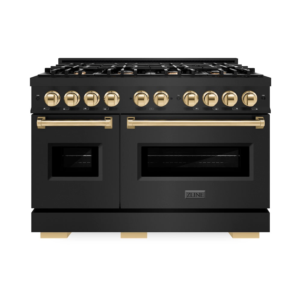 ZLINE Autograph Edition 48 in. 6.7 cu. ft. Classic Double Oven Dual Fuel Range with 8 Burner Gas Cooktop in Black Stainless Steel and Polished Gold Accents, Open Box-Good Condition