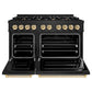 ZLINE Autograph Edition 48 in. 6.7 cu. ft. Classic Double Oven Dual Fuel Range with 8 Burner Gas Cooktop in Black Stainless Steel and Polished Gold Accents (CDRBZ-48-G) front, oven open.