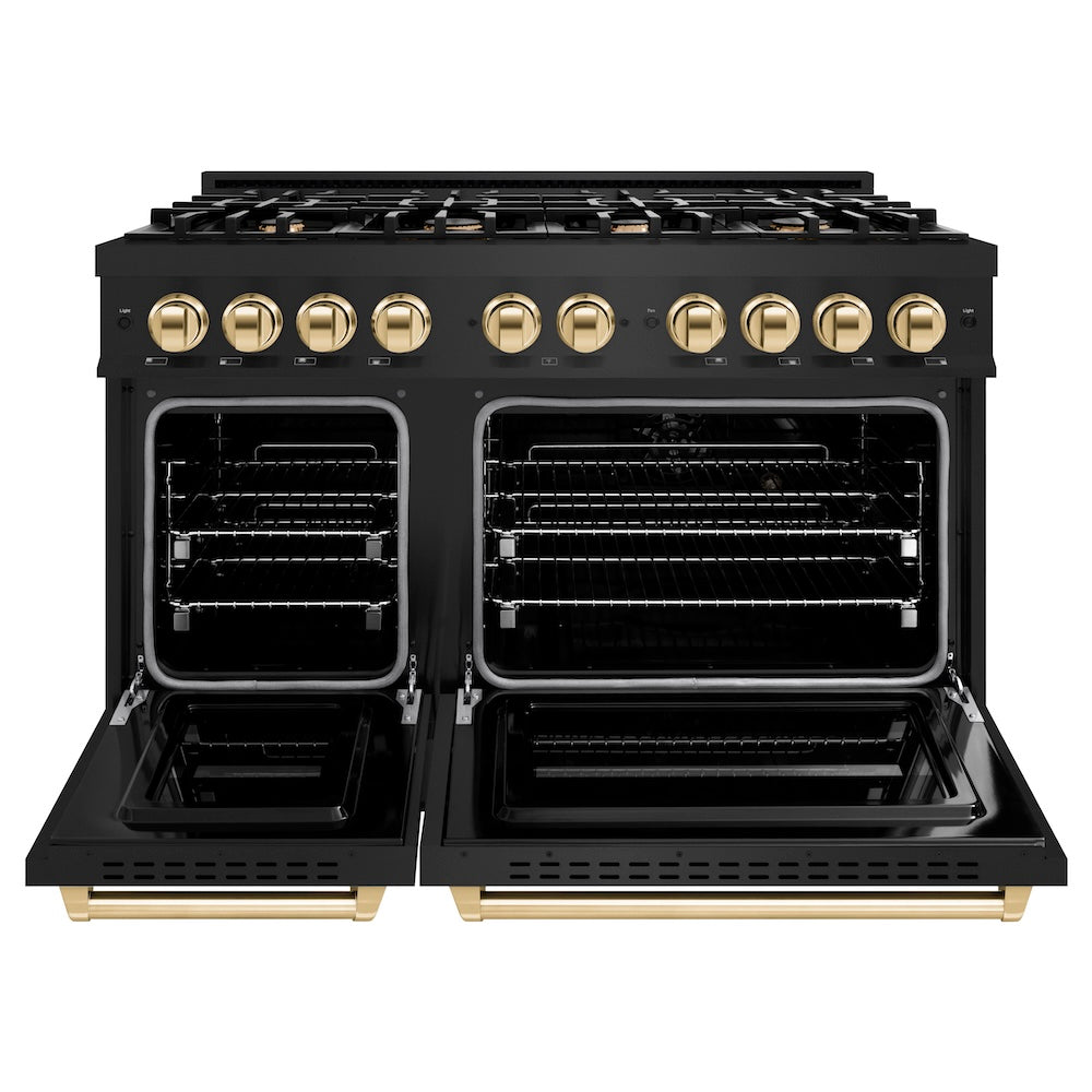 ZLINE Autograph Edition 48 in. 6.7 cu. ft. Classic Double Oven Dual Fuel Range with 8 Burner Gas Cooktop in Black Stainless Steel and Polished Gold Accents, Open Box-Good Condition