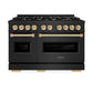 ZLINE Autograph Edition 48 in. 6.7 cu. ft. Classic Double Oven Dual Fuel Range with 8 Burner Gas Cooktop in Black Stainless Steel and Polished Gold Accents (CDRBZ-48-G) front, oven closed.