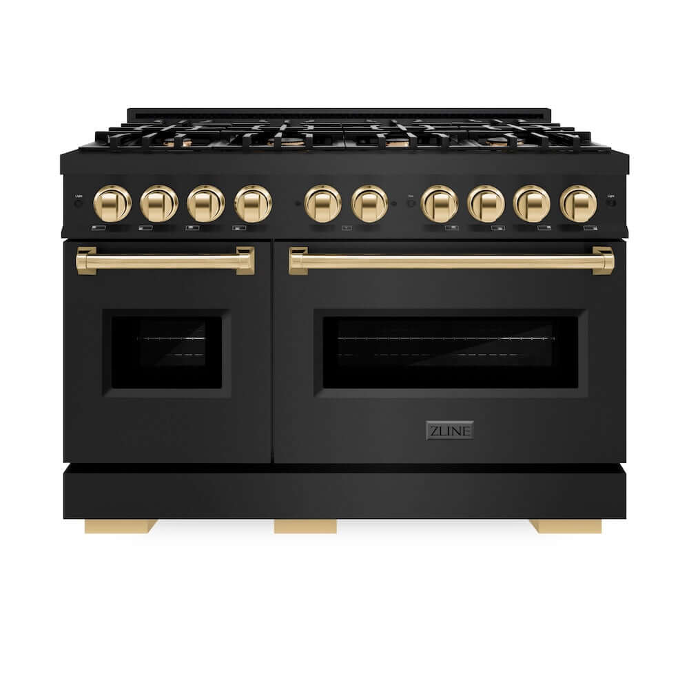 ZLINE Autograph Edition 48 in. 6.7 cu. ft. Classic Double Oven Dual Fuel Range with 8 Burner Gas Cooktop in Black Stainless Steel and Polished Gold Accents (CDRBZ-48-G) front, oven closed.