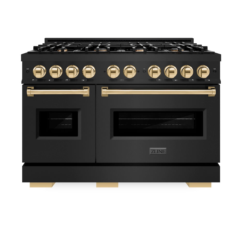 ZLINE Autograph Edition 48 in. 6.7 cu. ft. Classic Double Oven Dual Fuel Range with 8 Burner Gas Cooktop in Black Stainless Steel and Polished Gold Accents, Open Box-Great Condition