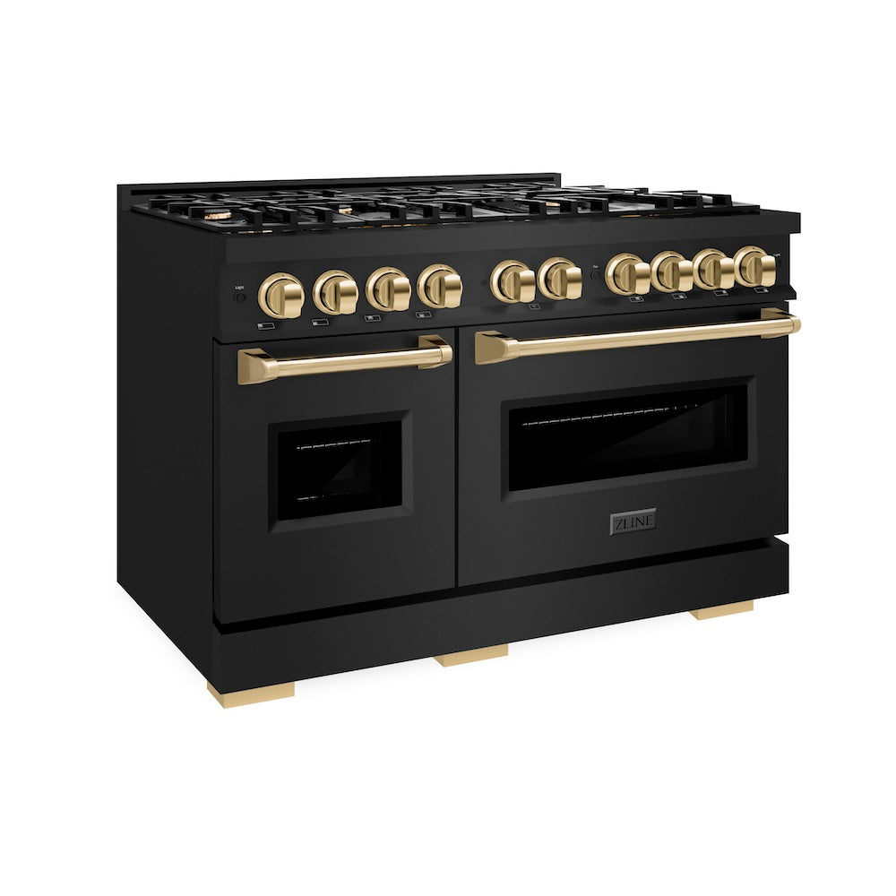 ZLINE Autograph Edition 48 in. 6.7 cu. ft. Classic Double Oven Dual Fuel Range with 8 Burner Gas Cooktop in Black Stainless Steel and Polished Gold Accents (CDRBZ-48-G)