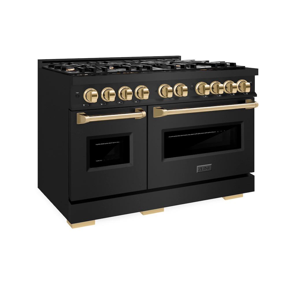 ZLINE Autograph Edition 48 in. 6.7 cu. ft. Classic Double Oven Dual Fuel Range with 8 Burner Gas Cooktop in Black Stainless Steel and Polished Gold Accents, Open Box-Good Condition