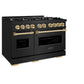 ZLINE Autograph Edition 48 in. 6.7 cu. ft. Classic Double Oven Dual Fuel Range with 8 Burner Gas Cooktop in Black Stainless Steel and Polished Gold Accents (CDRBZ-48-G) side, oven closed.