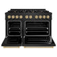 ZLINE Autograph Edition 48 in. 6.7 cu. ft. Classic Double Oven Gas Range with 8 Burner Cooktop in Black Stainless Steel and Champagne Bronze Accents (CGRBZ-48-CB) front, oven open.