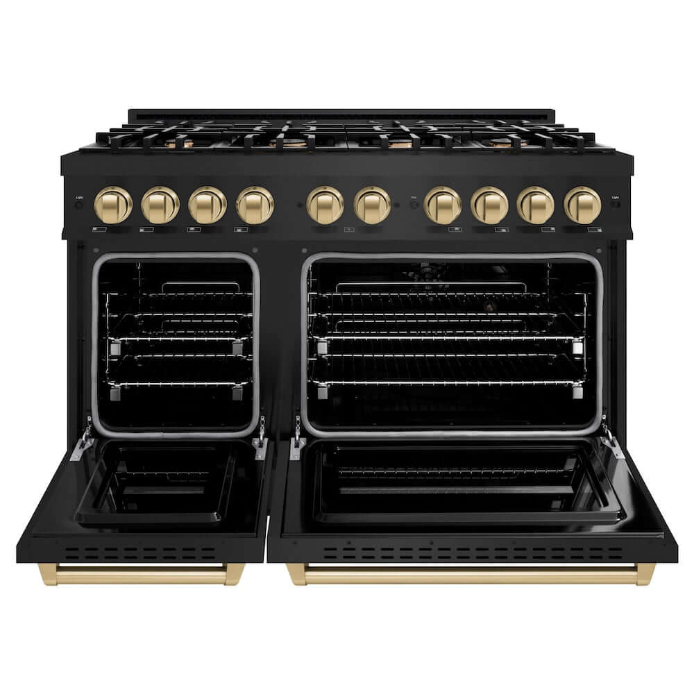 ZLINE Autograph Edition 48 in. 6.7 cu. ft. Classic Double Oven Gas Range with 8 Burner Cooktop in Black Stainless Steel and Champagne Bronze Accents (CGRBZ-48-CB) front, oven open.