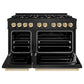 ZLINE Autograph Edition 48 in. 6.7 cu. ft. Classic Double Oven Gas Range with 8 Burner Cooktop in Black Stainless Steel and Polished Gold Accents (CGRBZ-48-G) front, oven open.