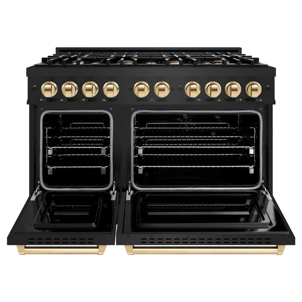 ZLINE Autograph Edition 48 in. 6.7 cu. ft. Classic Double Oven Gas Range with 8 Burner Cooktop in Black Stainless Steel and Polished Gold Accents (CGRBZ-48-G) front, oven open.