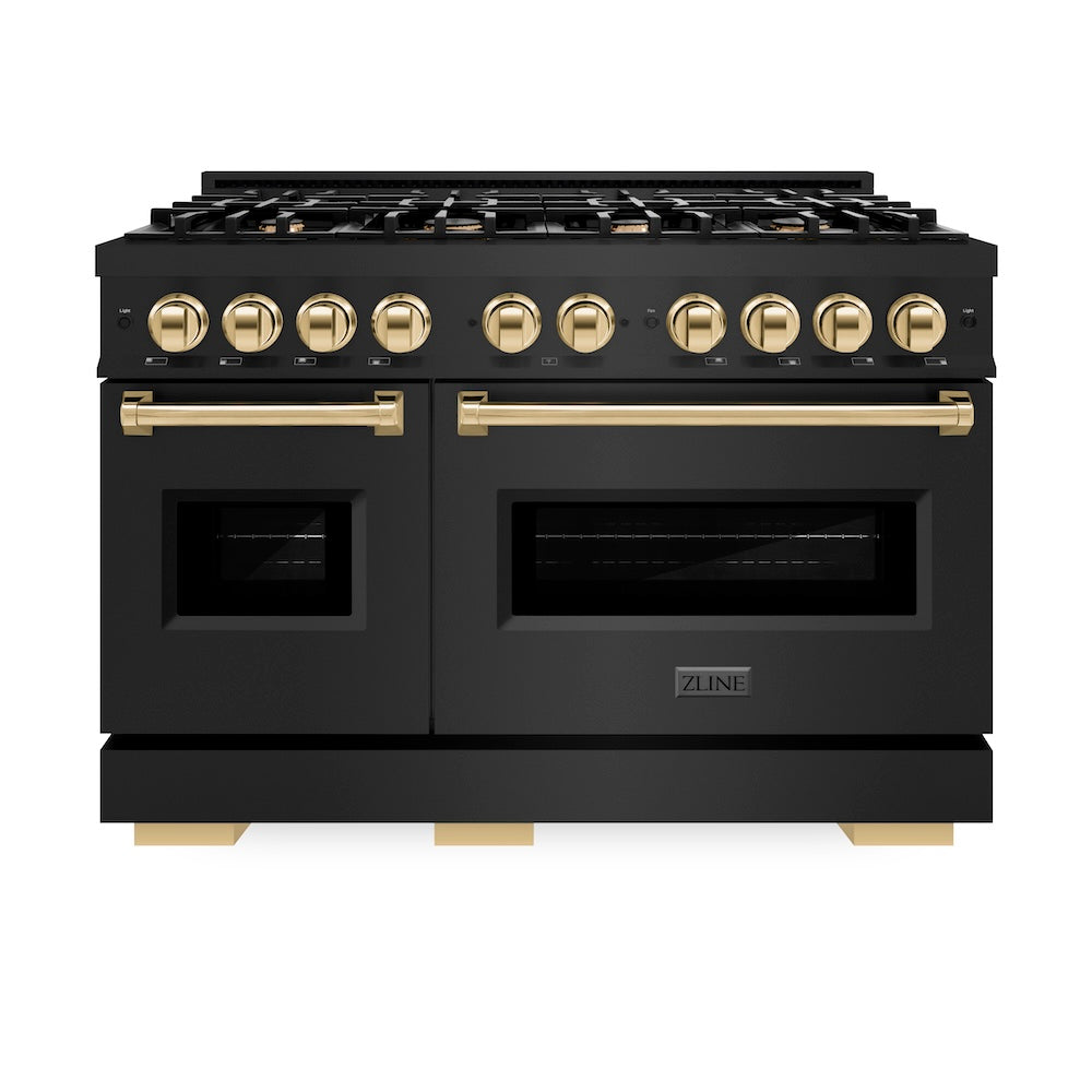 ZLINE Autograph Edition 48 in. 6.7 cu. ft. Classic Double Oven Gas Range with 8 Burner Cooktop in Black Stainless Steel and Polished Gold Accents (CGRBZ-48-G)