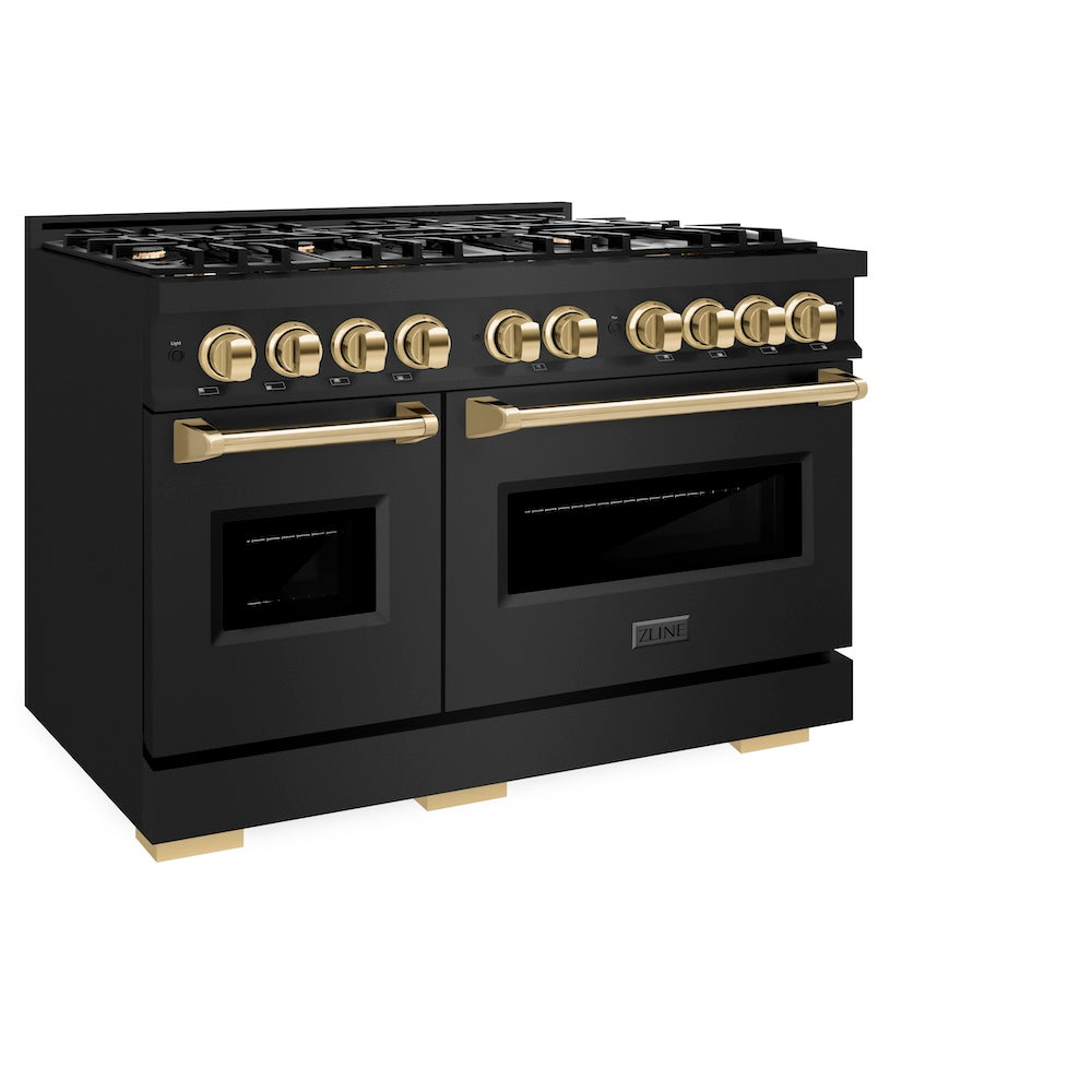 ZLINE Autograph Edition 48 in. 6.7 cu. ft. Classic Double Oven Gas Range with 8 Burner Cooktop in Black Stainless Steel and Polished Gold Accents (CGRBZ-48-G)