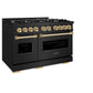 ZLINE Autograph Edition 48 in. 6.7 cu. ft. Classic Double Oven Gas Range with 8 Burner Cooktop in Black Stainless Steel and Polished Gold Accents (CGRBZ-48-G) side, oven closed.
