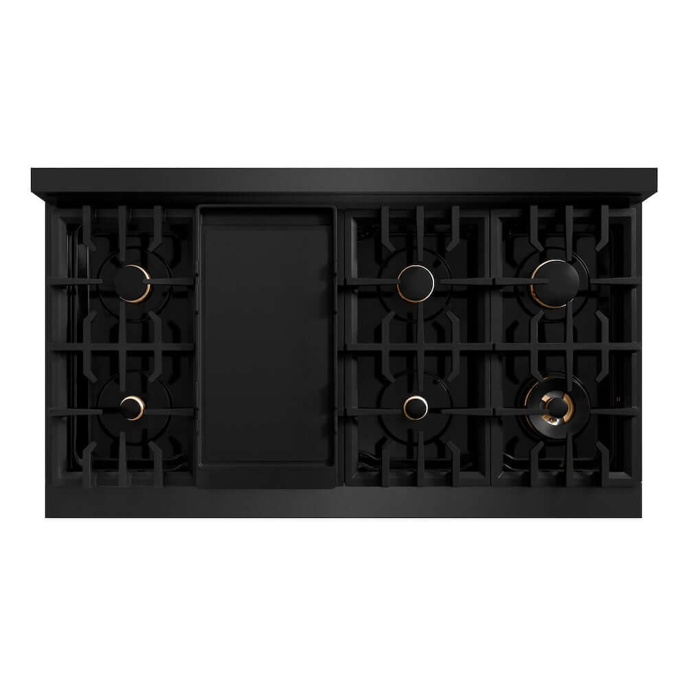 ZLINE Autograph Edition 48 in. 6.7 cu. ft. Classic Double Oven Gas Range with 8 Burner Cooktop in Black Stainless Steel and Polished Gold Accents (CGRBZ-48-G) top-down, above cooktop.