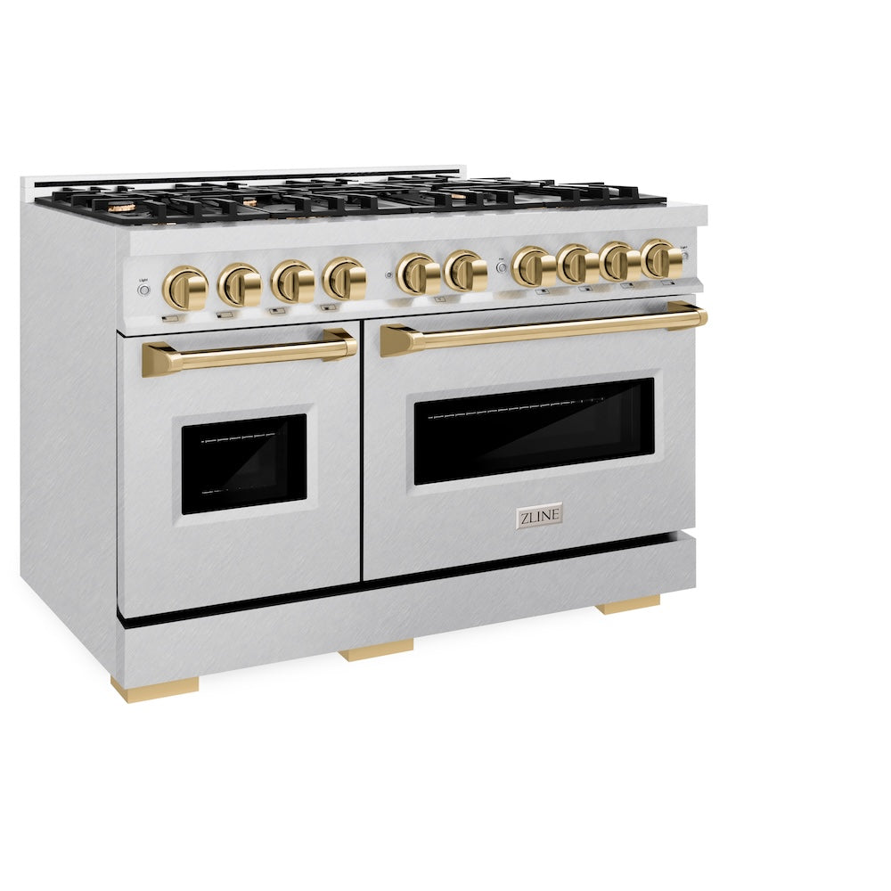 ZLINE Autograph Edition 48 in. 6.7 cu. ft. Classic Double Oven Dual Fuel Range with 8 Burner Gas Cooktop in DuraSnow® Stainless Steel and Polished Gold Accents (CDRSZ-48-G)