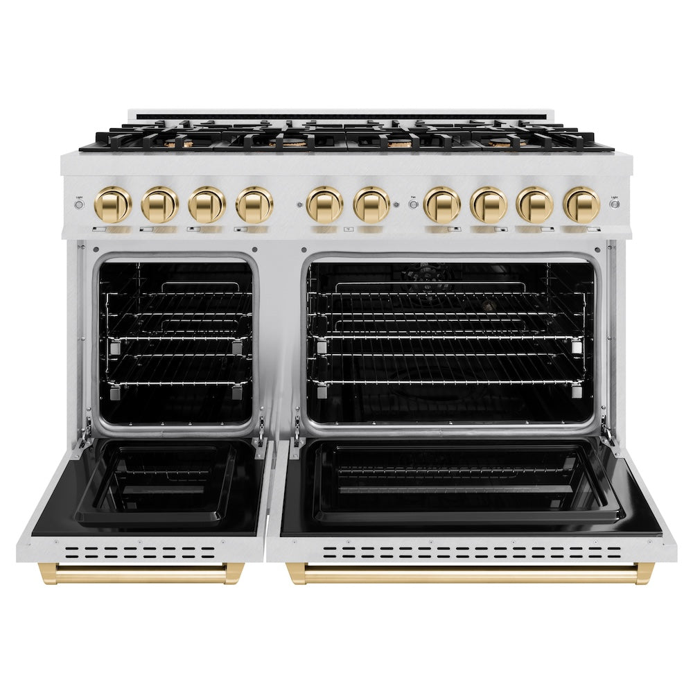 ZLINE Autograph Edition 48 in. 6.7 cu. ft. Classic Double Oven Gas Range with 8 Burner Cooktop in DuraSnow® Stainless Steel and Polished Gold Accents (CGRSZ-48-G)