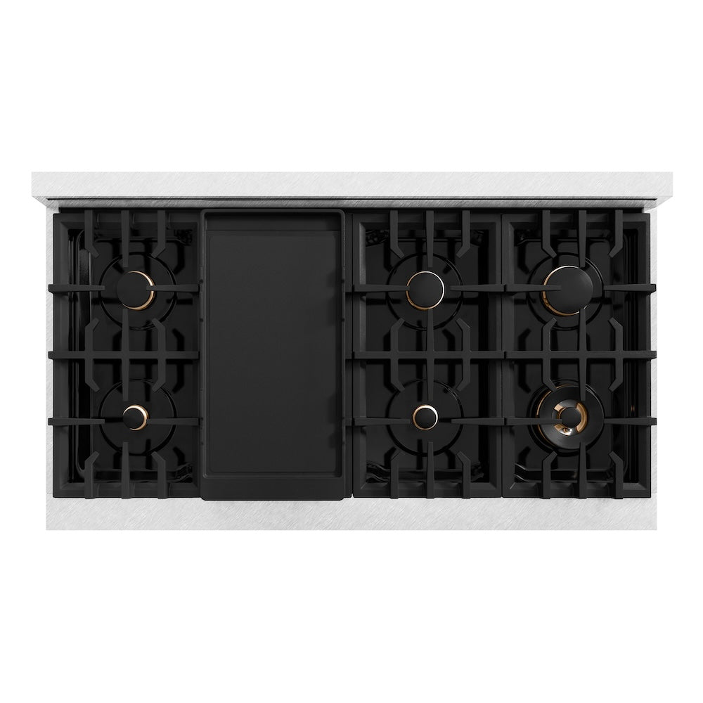 ZLINE Autograph Edition 48 in. 6.7 cu. ft. Classic Double Oven Gas Range with 8 Burner Cooktop in DuraSnow® Stainless Steel and Polished Gold Accents (CGRSZ-48-G)