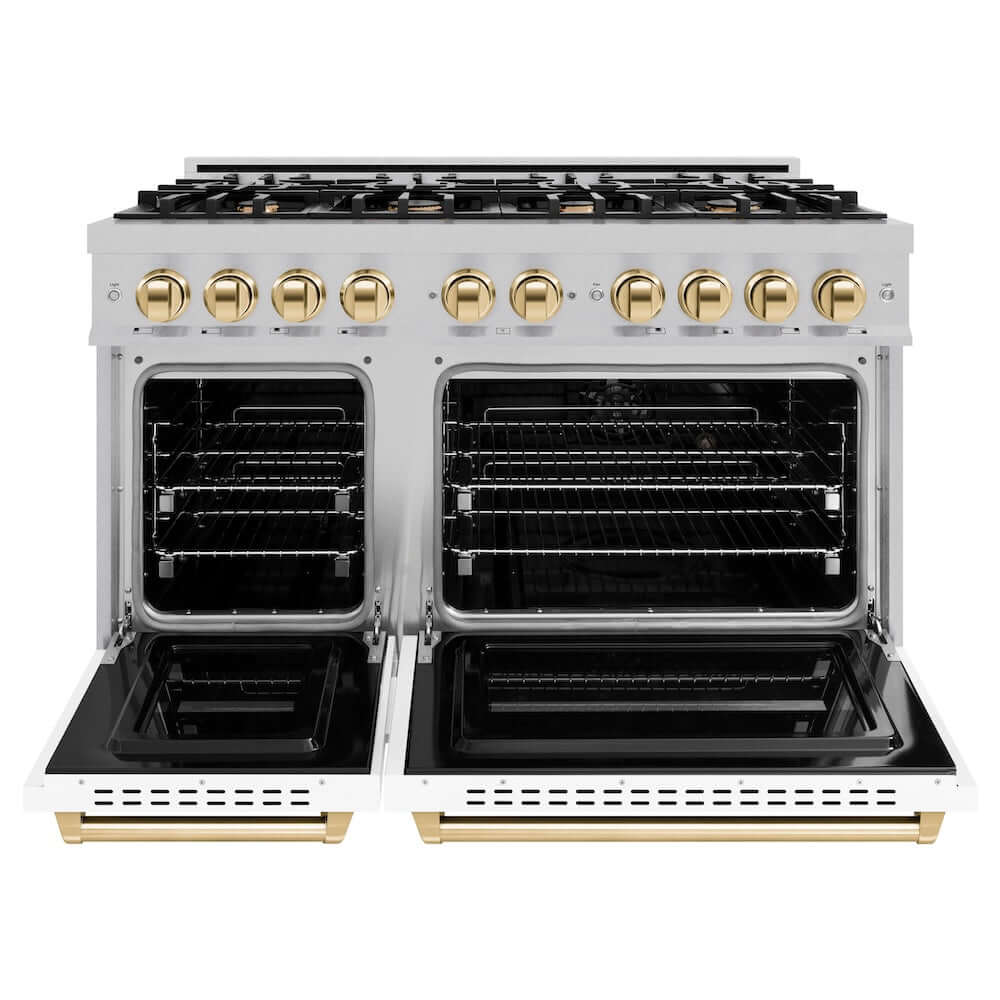 ZLINE Autograph Edition 48 in. 6.7 cu. ft. Classic Double Oven Dual Fuel Range with 8 Burner Gas Cooktop in DuraSnow® Stainless Steel with White Matte Doors and Polished Gold Accents (CDRSZ-WM-48-G) front, oven open.