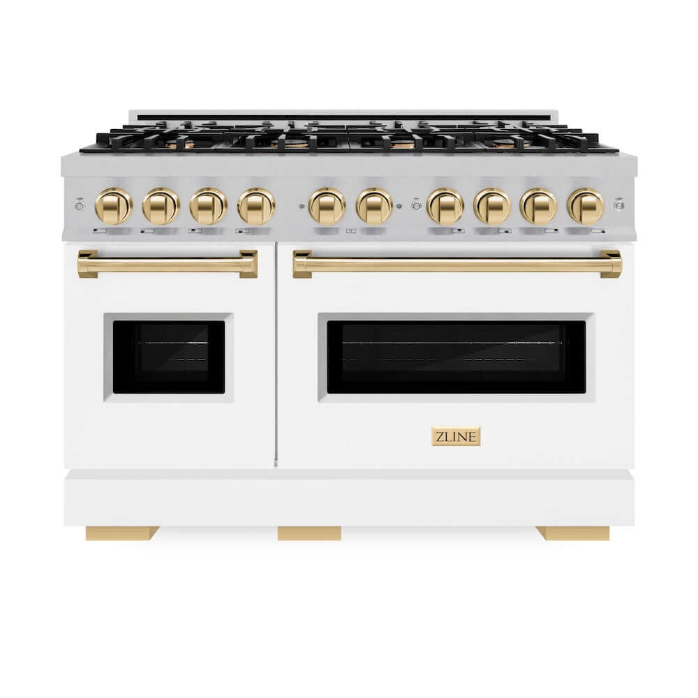 ZLINE Autograph Edition 48 in. 6.7 cu. ft. Classic Double Oven Dual Fuel Range with 8 Burner Gas Cooktop in DuraSnow® Stainless Steel with White Matte Doors and Polished Gold Accents (CDRSZ-WM-48-G) front, oven closed.