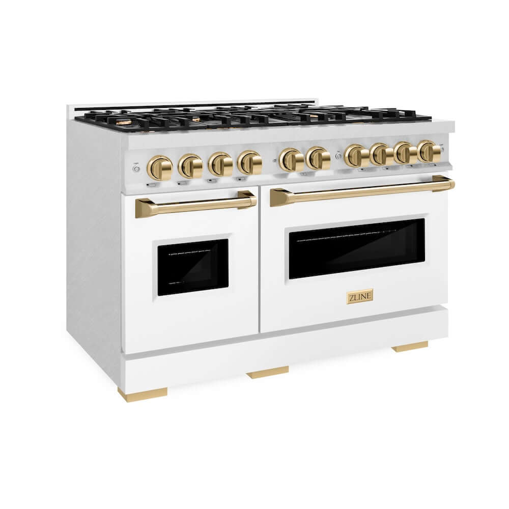 ZLINE Autograph Edition 48 in. 6.7 cu. ft. Classic Double Oven Dual Fuel Range with 8 Burner Gas Cooktop in DuraSnow® Stainless Steel with White Matte Doors and Polished Gold Accents (CDRSZ-WM-48-G)