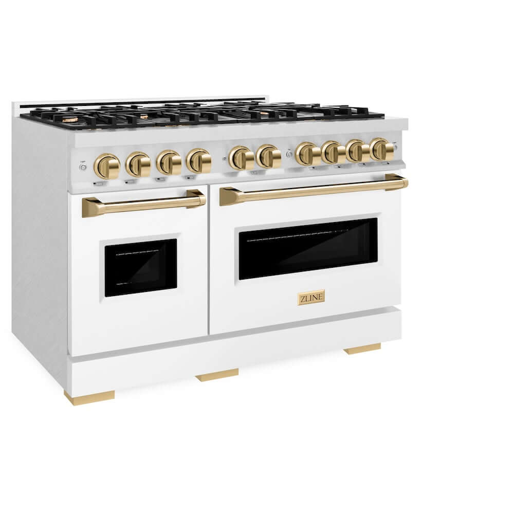 ZLINE Autograph Edition 48 in. 6.7 cu. ft. Classic Double Oven Dual Fuel Range with 8 Burner Gas Cooktop in DuraSnow® Stainless Steel with White Matte Doors and Polished Gold Accents (CDRSZ-WM-48-G) side, oven closed.