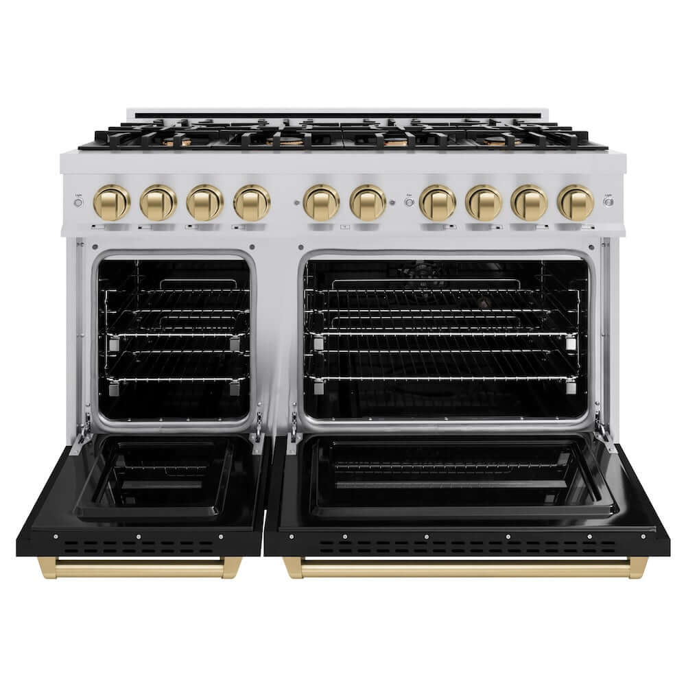 ZLINE Autograph Edition 48 in. 6.7 cu. ft. Classic Double Oven Dual Fuel Range with 8 Burner Gas Cooktop in Stainless Steel with Black Matte Doors and Champagne Bronze Accents (CDRZ-BLM-48-CB) front, oven open.