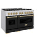 ZLINE Autograph Edition 48 in. 6.7 cu. ft. Classic Double Oven Dual Fuel Range with 8 Burner Gas Cooktop in Stainless Steel with Black Matte Doors and Champagne Bronze Accents (CDRZ-BLM-48-CB) side, oven closed.