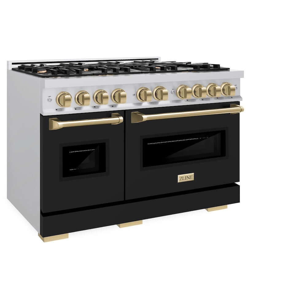 ZLINE Autograph Edition 48 in. 6.7 cu. ft. Classic Double Oven Dual Fuel Range with 8 Burner Gas Cooktop in Stainless Steel with Black Matte Doors and Champagne Bronze Accents (CDRZ-BLM-48-CB) side, oven closed.