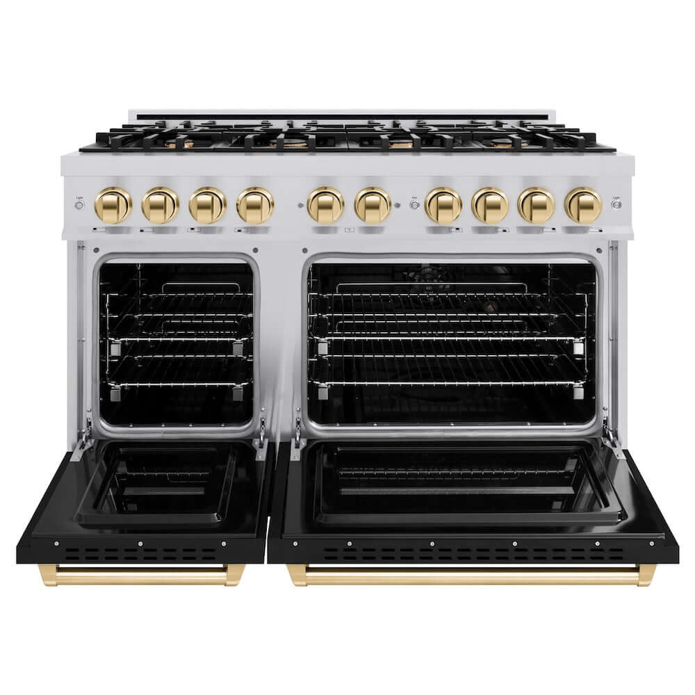 ZLINE Autograph Edition 48 in. 6.7 cu. ft. Classic Double Oven Dual Fuel Range with 8 Burner Gas Cooktop in Stainless Steel with Black Matte Doors and Polished Gold Accents (CDRZ-BLM-48-G) front, oven open.