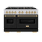 ZLINE Autograph Edition 48 in. 6.7 cu. ft. Classic Double Oven Dual Fuel Range with 8 Burner Gas Cooktop in Stainless Steel with Black Matte Doors and Polished Gold Accents (CDRZ-BLM-48-G) front, oven closed.