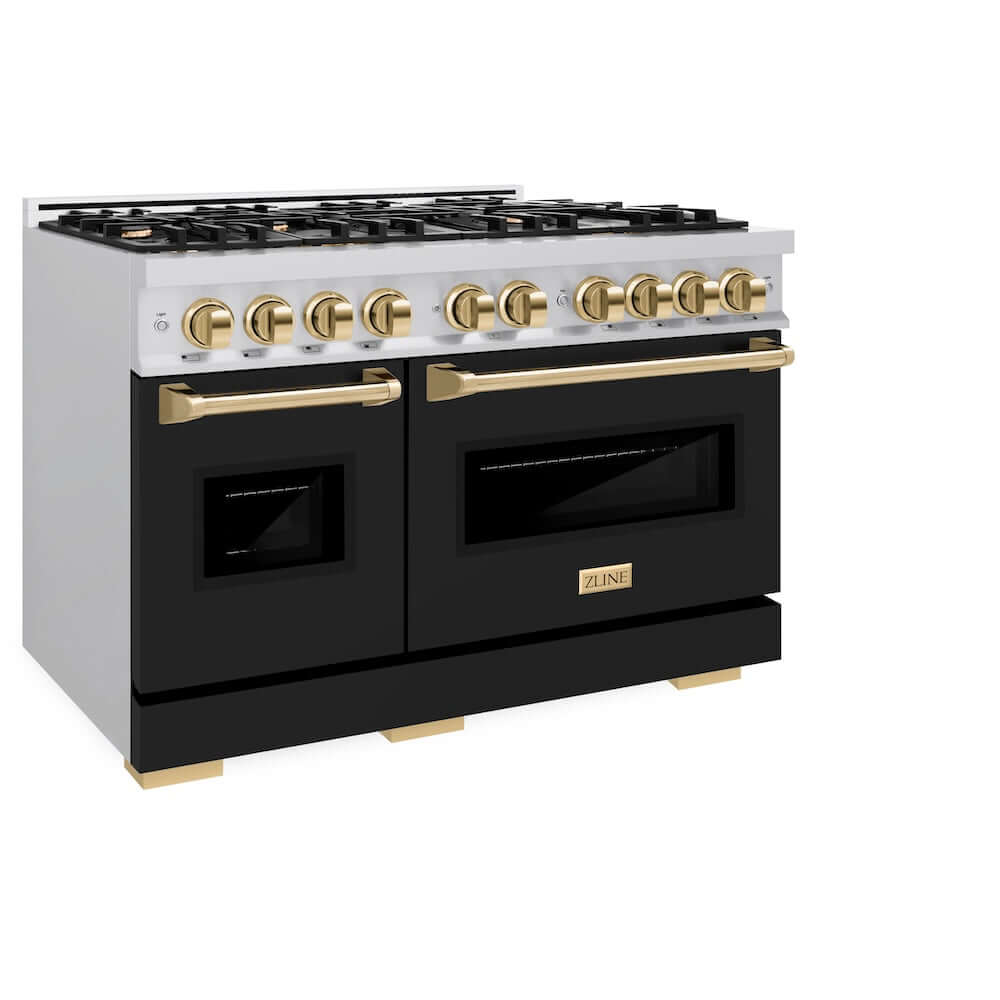 ZLINE Autograph Edition 48 in. 6.7 cu. ft. Classic Double Oven Dual Fuel Range with 8 Burner Gas Cooktop in Stainless Steel with Black Matte Doors and Polished Gold Accents (CDRZ-BLM-48-G) side, oven closed.