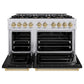 ZLINE Autograph Edition 48 in. 6.7 cu. ft. Classic Double Oven Gas Range with 8 Burner Cooktop in Stainless Steel with Black Matte Doors and Champagne Bronze Accents (CGRZ-BLM-48-CB) front, oven open.