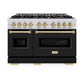 ZLINE Autograph Edition 48 in. 6.7 cu. ft. Classic Double Oven Gas Range with 8 Burner Cooktop in Stainless Steel with Black Matte Doors and Champagne Bronze Accents (CGRZ-BLM-48-CB) front, oven closed.