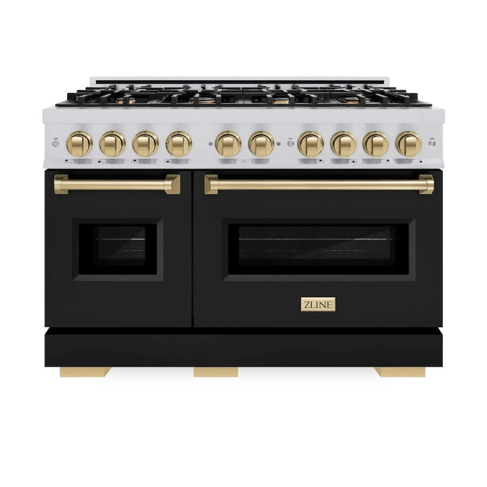 ZLINE Autograph Edition 48 in. 6.7 cu. ft. Classic Double Oven Gas Range with 8 Burner Cooktop in Stainless Steel with Black Matte Doors and Champagne Bronze Accents (CGRZ-BLM-48-CB) front, oven closed.
