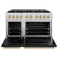 ZLINE Autograph Edition 48 in. 6.7 cu. ft. Classic Double Oven Gas Range with 8 Burner Cooktop in Stainless Steel with Black Matte Doors and Polished Gold Accents (CGRZ-BLM-48-G) front, oven open.
