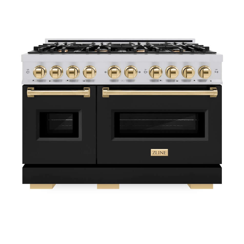 ZLINE Autograph Edition 48 in. 6.7 cu. ft. Classic Double Oven Gas Range with 8 Burner Cooktop in Stainless Steel with Black Matte Doors and Polished Gold Accents (CGRZ-BLM-48-G) front, oven closed.