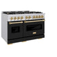 ZLINE Autograph Edition 48 in. 6.7 cu. ft. Classic Double Oven Gas Range with 8 Burner Cooktop in Stainless Steel with Black Matte Doors and Polished Gold Accents (CGRZ-BLM-48-G) side, oven closed.
