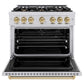 ZLINE Autograph Edition 36 in. 5.2 cu. ft. Classic Dual Fuel Range with 6 Burner Gas Cooktop and Electric Convection Oven in Stainless Steel with Champagne Bronze Accents (CDRZ-36-CB) front, oven open.
