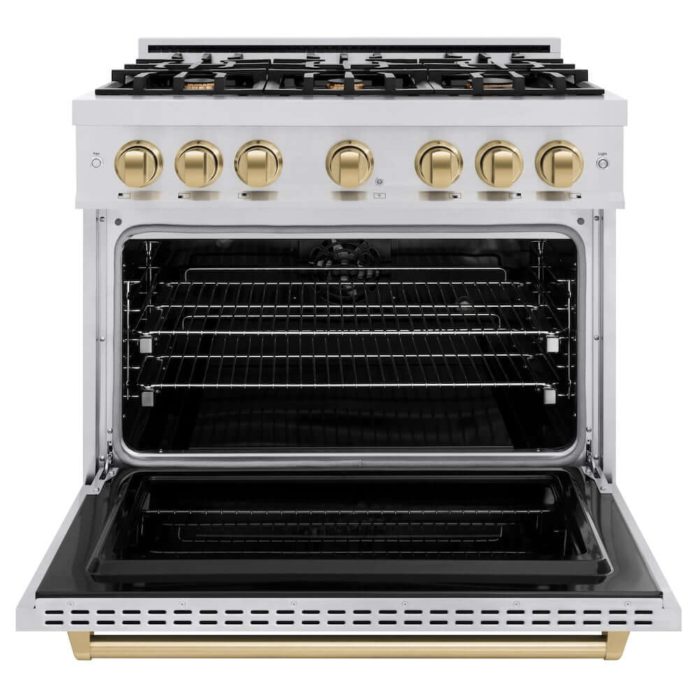 ZLINE Autograph Edition 36 in. 5.2 cu. ft. Classic Dual Fuel Range with 6 Burner Gas Cooktop and Electric Convection Oven in Stainless Steel with Champagne Bronze Accents (CDRZ-36-CB) front, oven open.