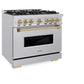 ZLINE Autograph Edition 36 in. 5.2 cu. ft. Classic Dual Fuel Range with 6 Burner Gas Cooktop and Electric Convection Oven in Stainless Steel with Champagne Bronze Accents (CDRZ-36-CB) side, oven closed.