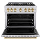 ZLINE Autograph Edition 36 in. 5.2 cu. ft. Classic Dual Fuel Range with 6 Burner Gas Cooktop and Electric Convection Oven in Stainless Steel with Polished Gold Accents (CDRZ-36-G) front, oven open.