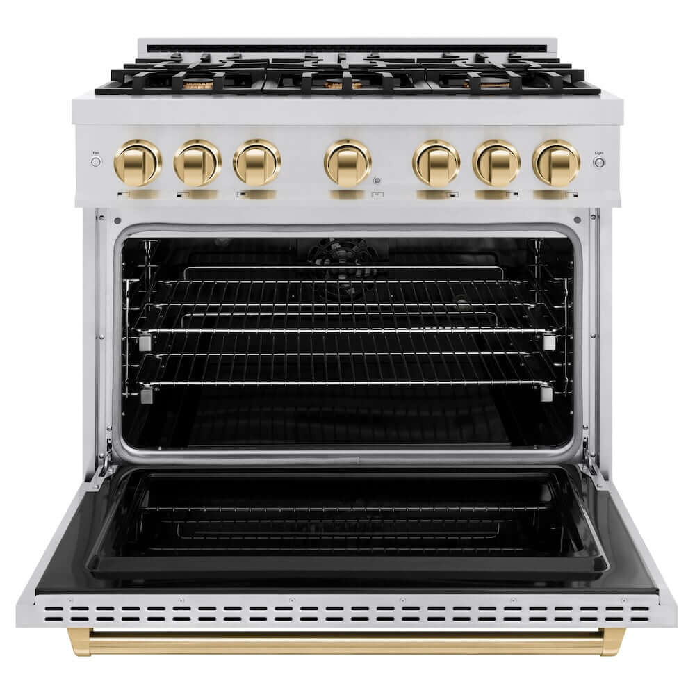 ZLINE Autograph Edition 36 in. 5.2 cu. ft. Classic Dual Fuel Range with 6 Burner Gas Cooktop and Electric Convection Oven in Stainless Steel with Polished Gold Accents (CDRZ-36-G) front, oven open.