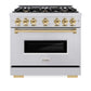 ZLINE Autograph Edition 36 in. 5.2 cu. ft. Classic Dual Fuel Range with 6 Burner Gas Cooktop and Electric Convection Oven in Stainless Steel with Polished Gold Accents (CDRZ-36-G) front, oven closed.