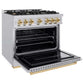 ZLINE Autograph Edition 36 in. 5.2 cu. ft. Classic Dual Fuel Range with 6 Burner Gas Cooktop and Electric Convection Oven in Stainless Steel with Polished Gold Accents (CDRZ-36-G) side, open.