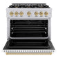 ZLINE Autograph Edition 36 in. 5.2 cu. ft. Classic Dual Fuel Range with 6 Burner Gas Cooktop and Electric Convection Oven in Stainless Steel with White Matte Door and Champagne Bronze Accents (CDRZ-WM-36-CB) front, oven open.
